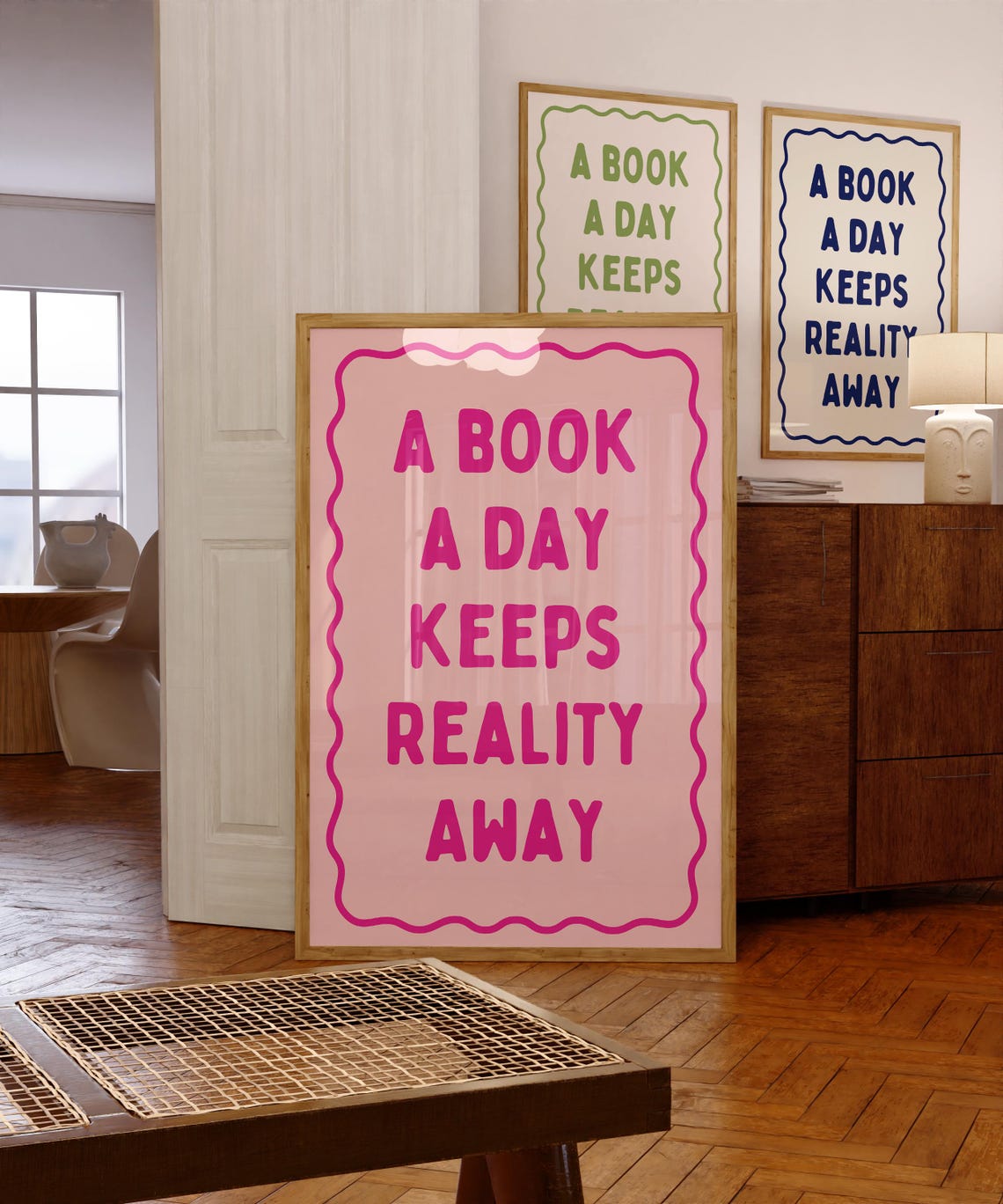A Book A Day Keeps Reality Away Pink Typography Book Lover Wall Art - Image 3