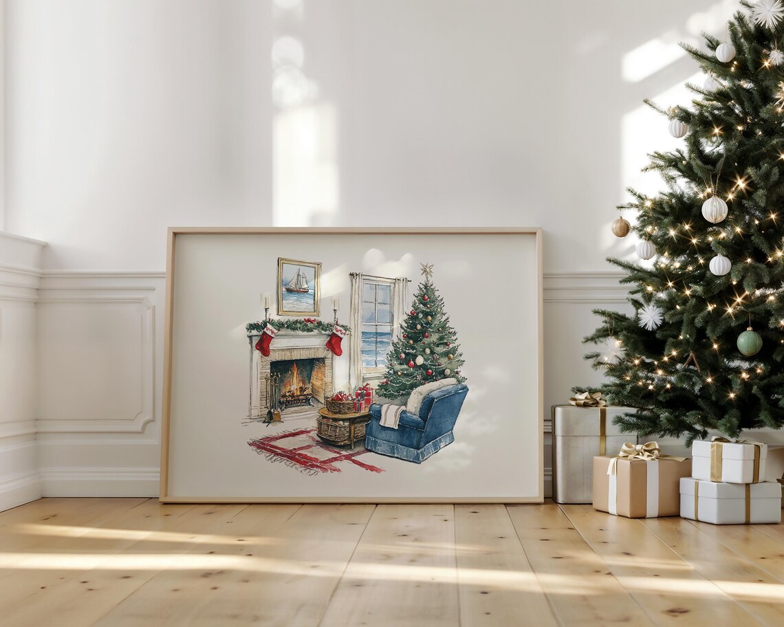 Watercolor Coastal Christmas Living Room Poster with Ocean Window View - Image 5