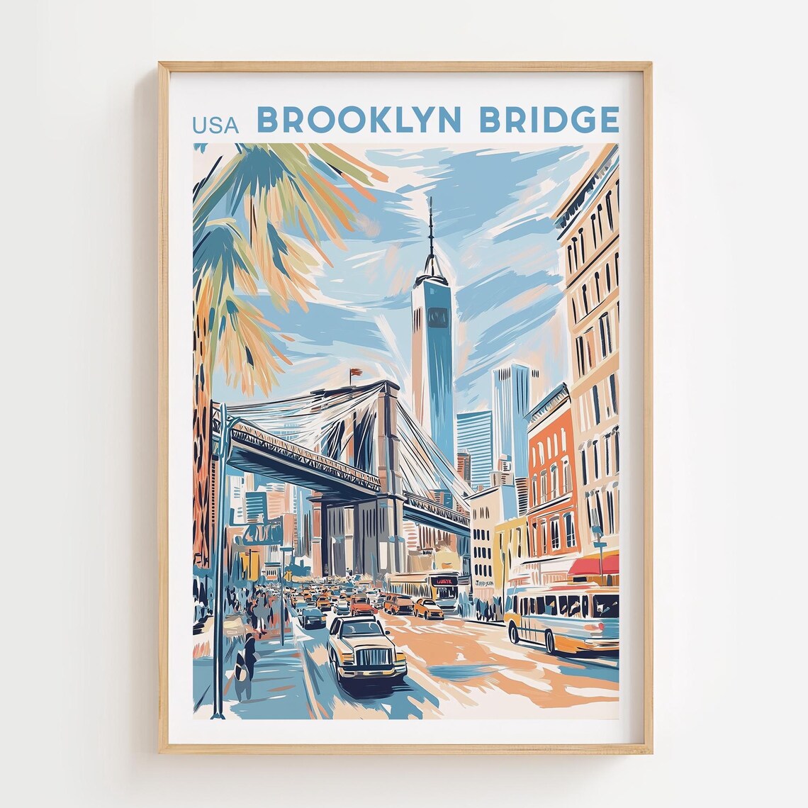 Brooklyn Bridge USA Retro Orange Teal Street Traffic Art Poster