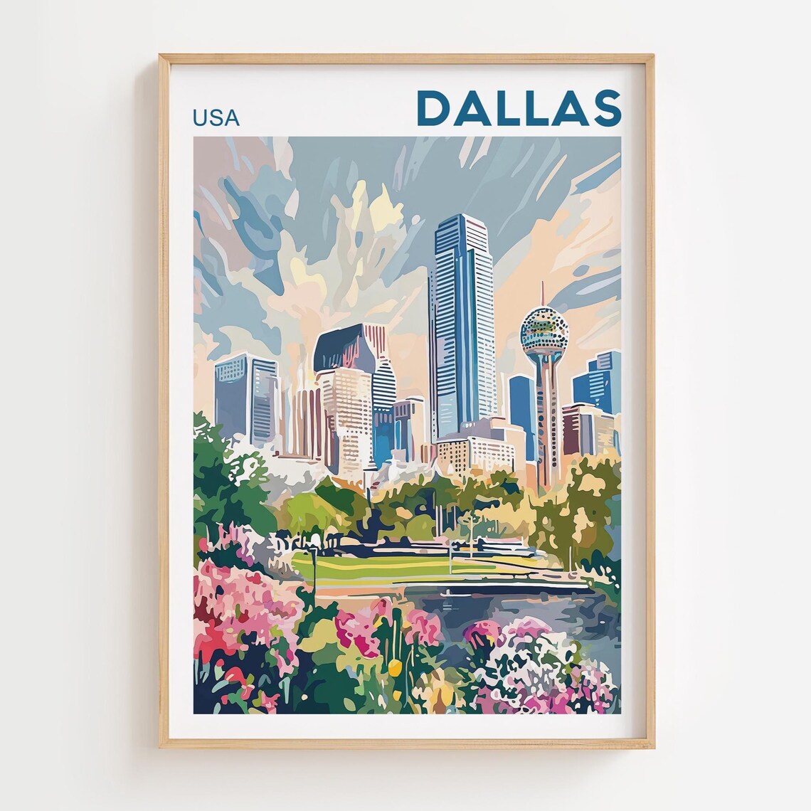 Dallas Texas Downtown Skyline Reunion Tower Watercolor Travel Poster