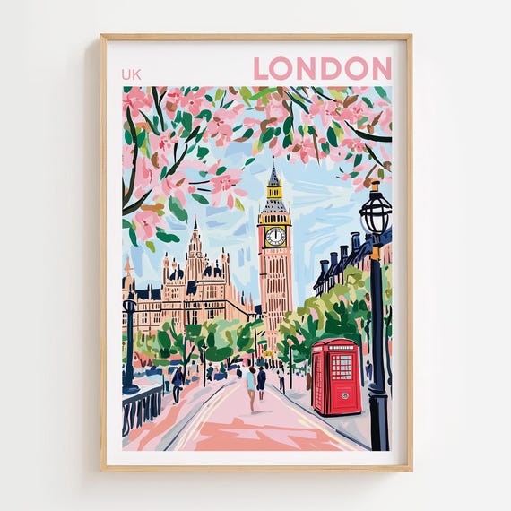 London Travel Poster, UK Home Decor Illustration