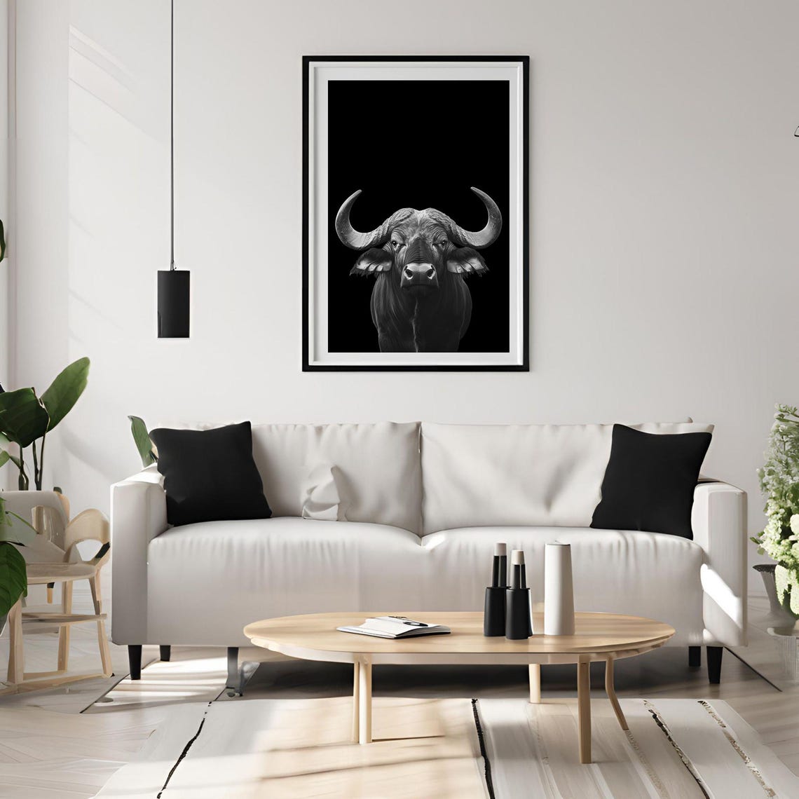 Black and White African Buffalo Portrait Wildlife Art Poster - Image 4