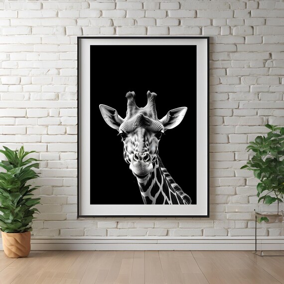 Black And White Giraffe Face Front Portrait Minimalist Wildlife Poster