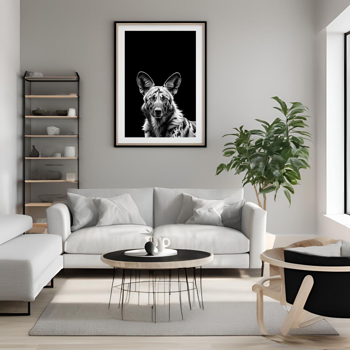 Black and White African Wild Dog Portrait Wildlife Art Poster - Image 2