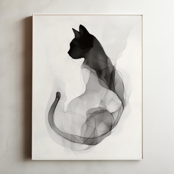 Black Cat Ink Wash Silhouette Elegant Minimal Modern Wall Art Poster