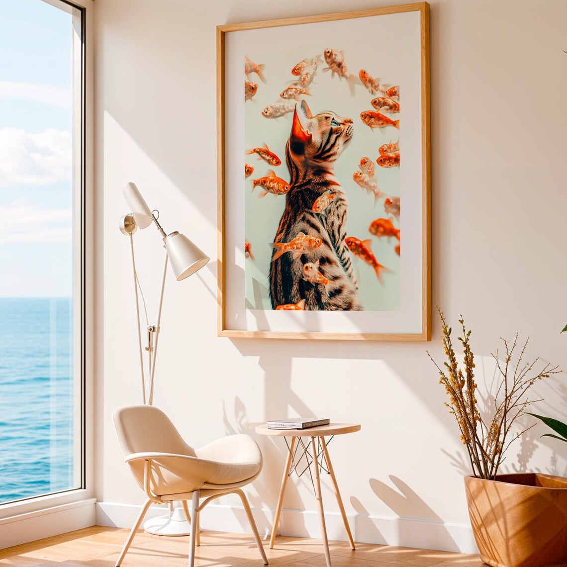 Tabby Cat Surrounded By Goldfish Dreamy Pastel Animal Wall Art Poster - Image 4
