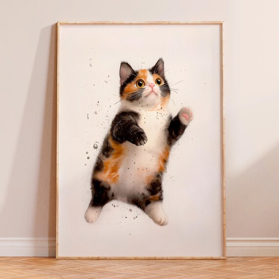 Calico Kitten Jumping Watercolor Playful Cream Kids Nursery Wall Art Print