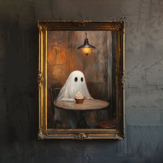 Cute Ghost Enjoying Cupcake at Cozy Cafe Halloween Art Poster