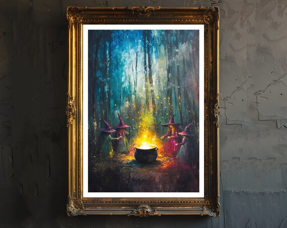 Witches Around Cauldron Print Dark Academia Art Witchy Decor Gothic Home Antique Illustration Victorian Era Poster Rustic Vintage