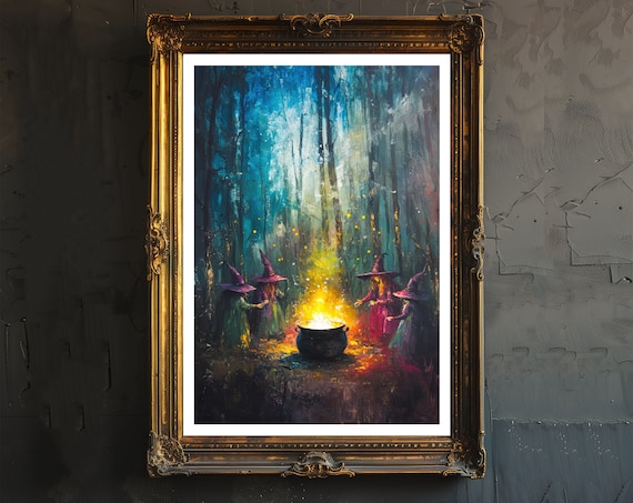 Witches Gathering Around Glowing Cauldron in Moonlit Forest Poster