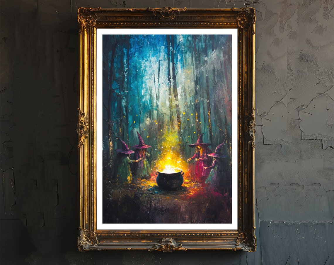 Witches Gathering Around Glowing Cauldron in Moonlit Forest Poster