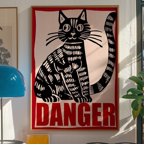 Retro Cat Danger Poster Funny Animal Wall Art