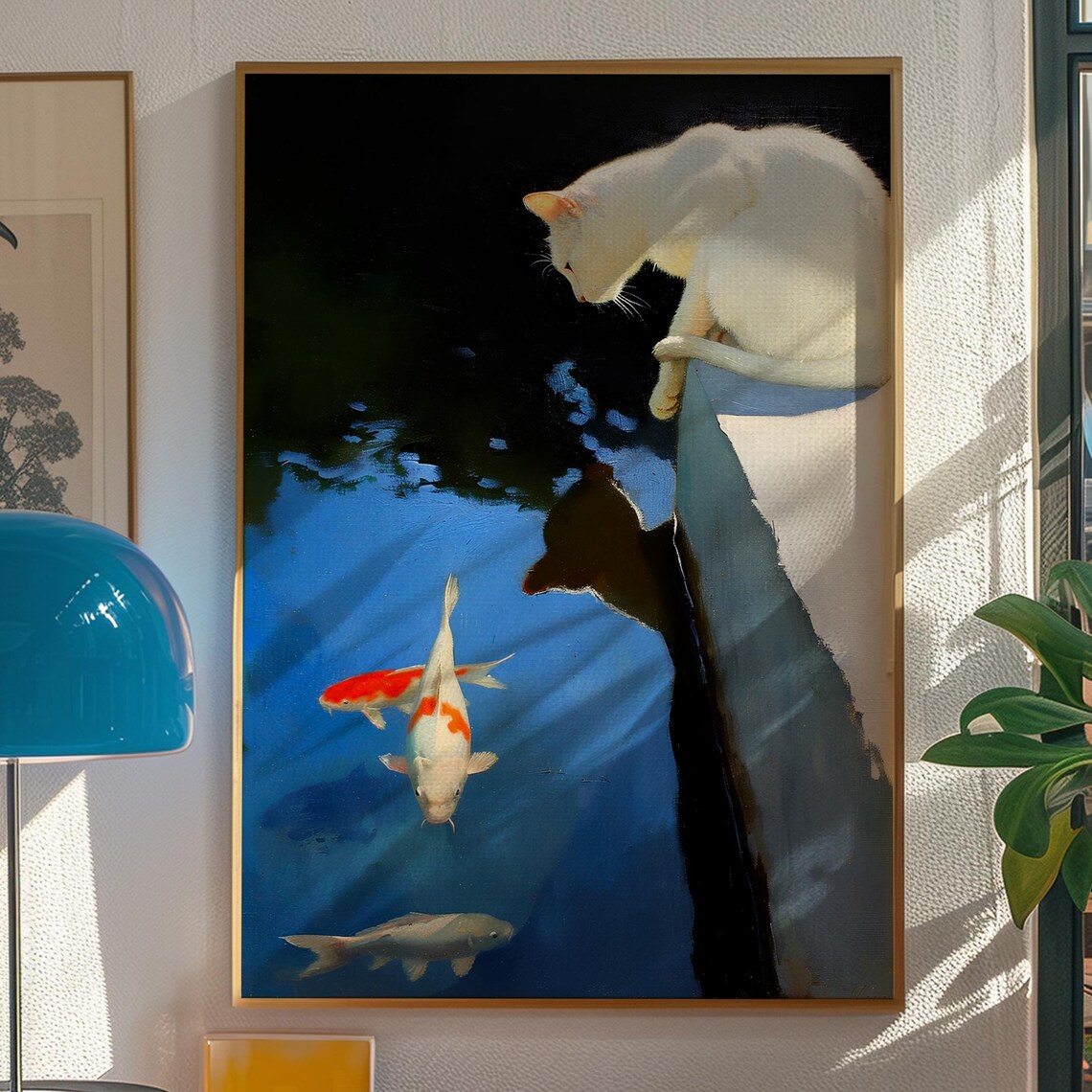 Beautiful White Cat Watching Koi Fish in Blue Pond Retro Art Print