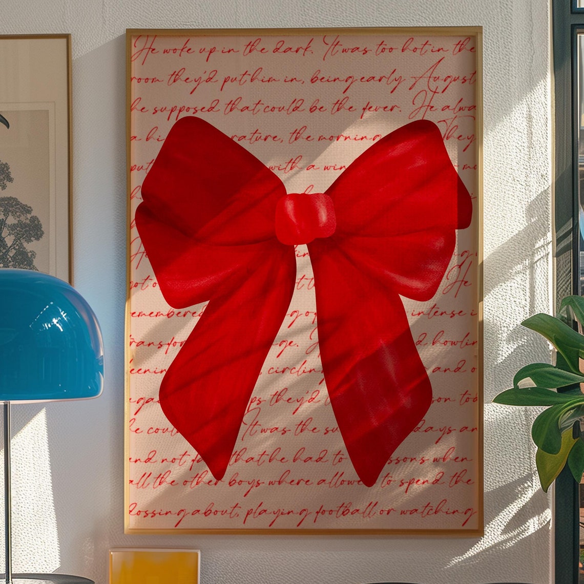 Red Ribbon Bow Coquette Script Background Trendy Romantic Poster