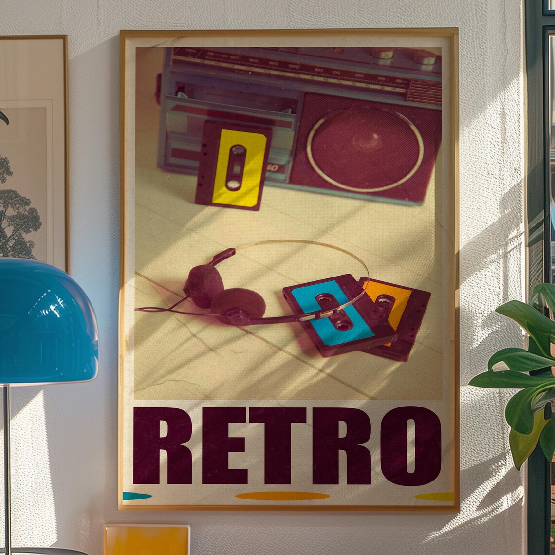 Retro Music Boombox Cassettes Headphones Vintage Typography Poster