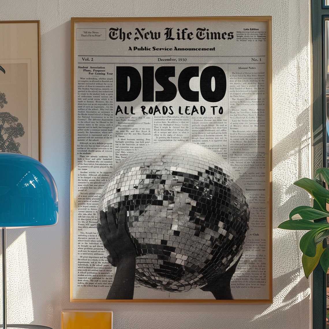 Disco All Roads Lead To Disco Ball Newspaper Headline Retro Poster