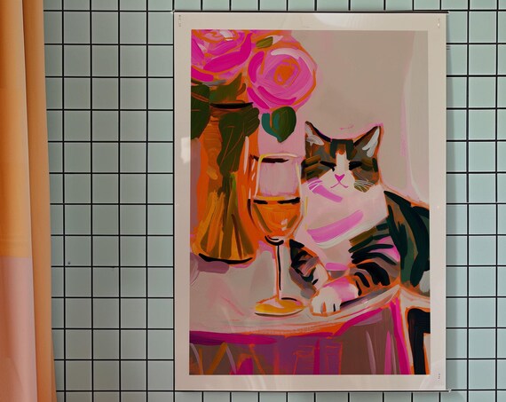 Cat With Wine Glass Pink Roses Funny Kitsch Kitchen Art Poster