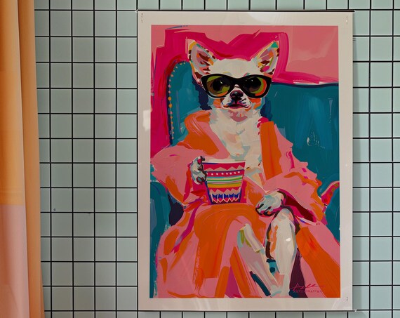 Chihuahua in Sunglasses Drinking Coffee Kitsch Pop Art Poster