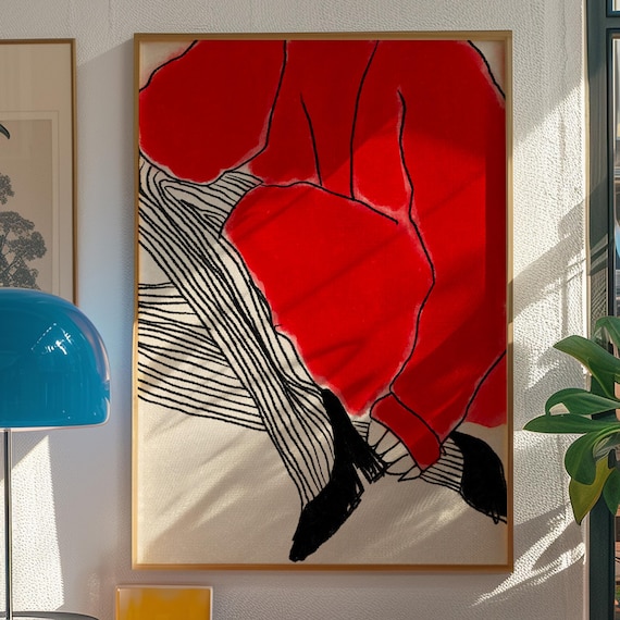 Red Woman Abstract Fashion Figure Bold Black Line Art Statement Poster