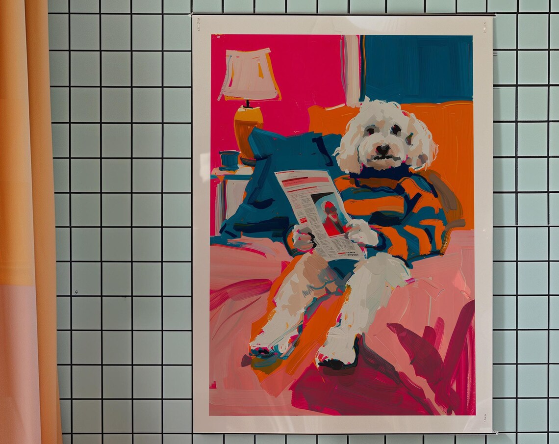 Fluffy White Dog Reading the Newspaper Funny Pop Art Poster Gift