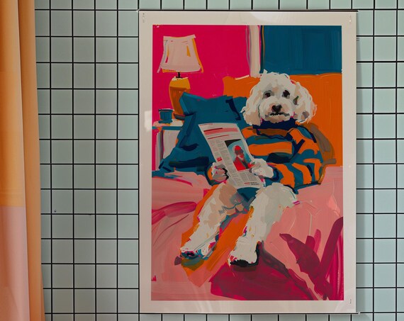 Fluffy White Dog Reading the Newspaper Funny Pop Art Poster Gift