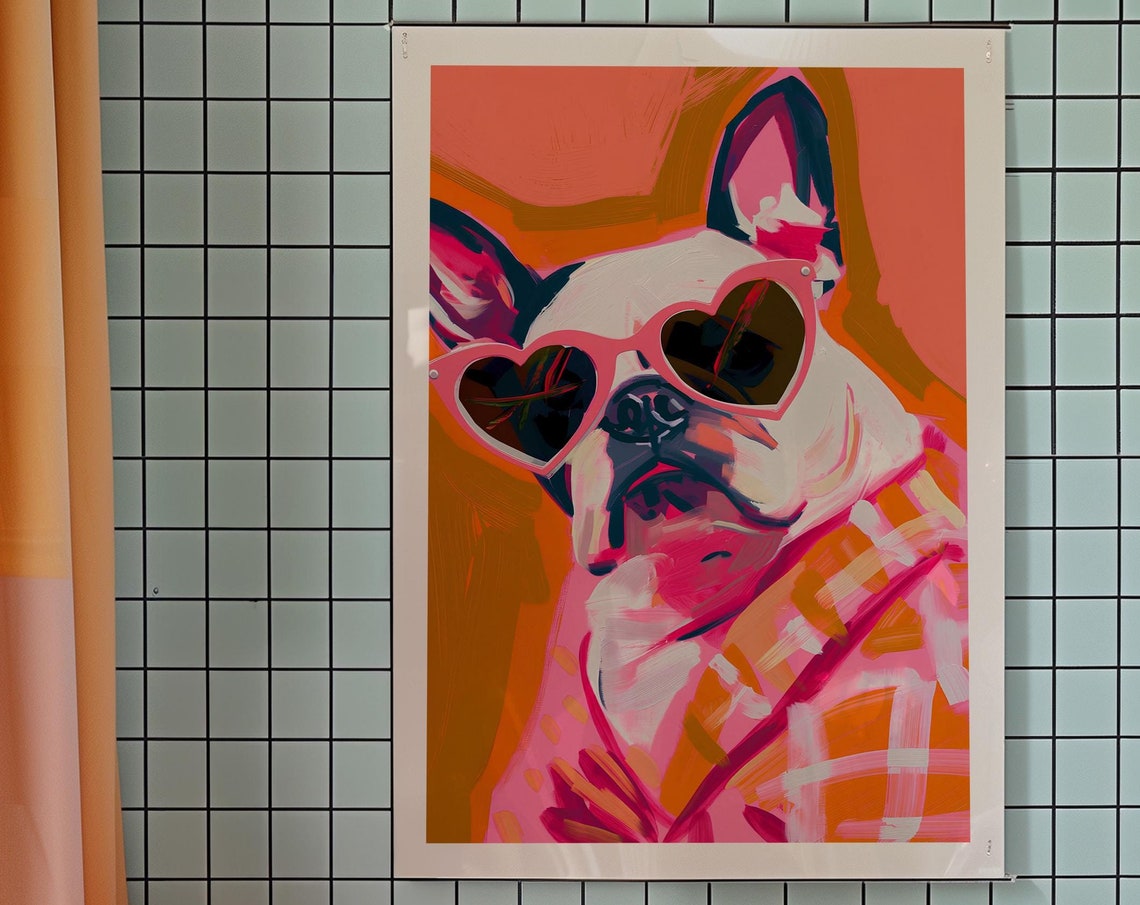 French Bulldog Heart Sunglasses Pink Pop Art Funny Dog Poster