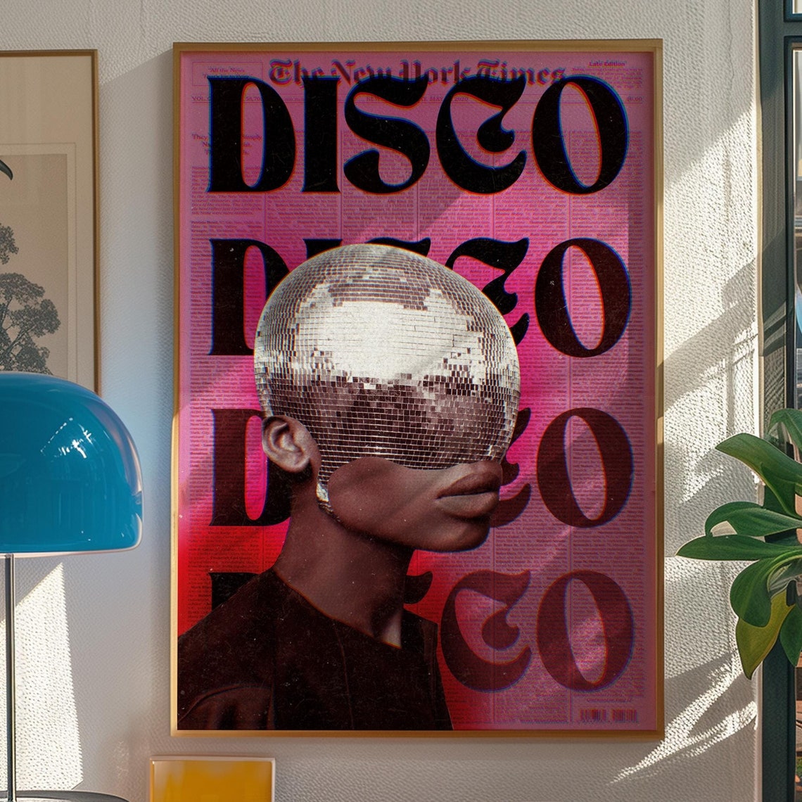 Disco Ball Head Woman Hot Pink Retro Disco Typography Collage Poster