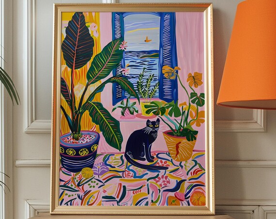 Black Cat Window Plants Sea View Matisse Colorful Interior Art Poster
