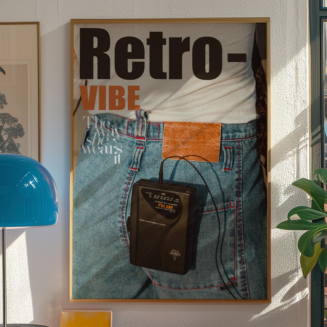 Retro Vibe 80s Jeans Cassette Player Nostalgic Fashion Art Poster