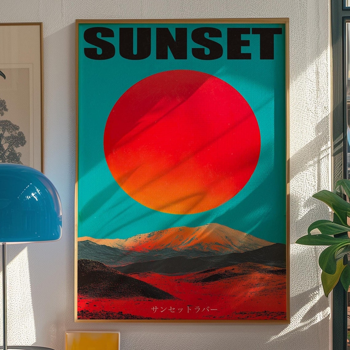 Sunset Giant Red Sun Dark Mountains Teal Sky Retro Japanese Poster