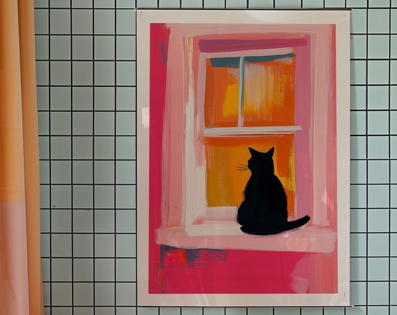 Black Cat Poster Matisse Print Livingroom Decor Eclectic Art Kitsch Maximalist Dopamine Pink Wall