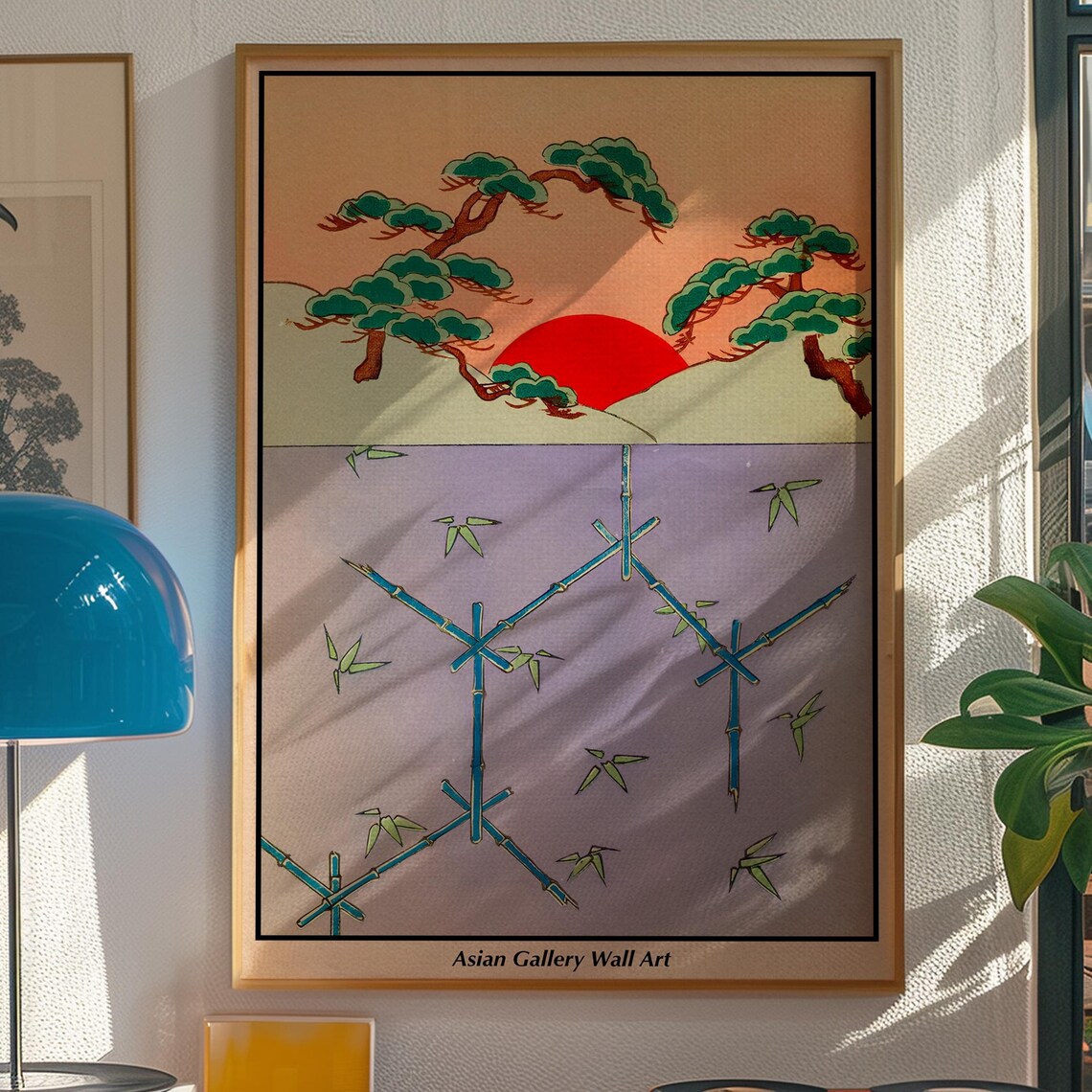 Vintage Japanese Woodblock Red Sun Bamboo Lattice Pine Hills Art Print