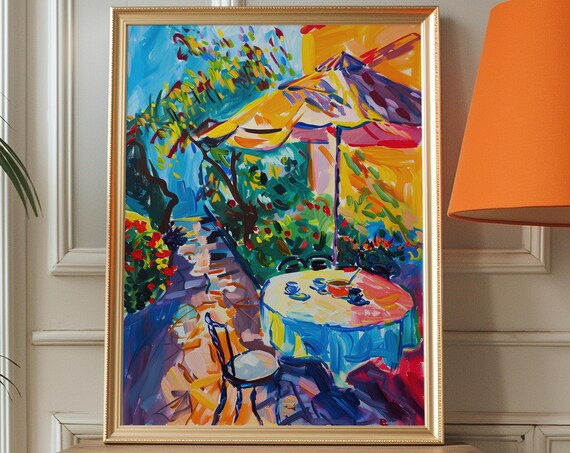 Sunny Cafe Terrace Striped Umbrella Fauvist Garden Painting Print