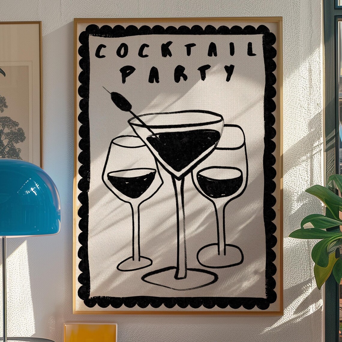Cocktail Party Martini Glasses Hand Drawn Scalloped Border Bar Cart Poster