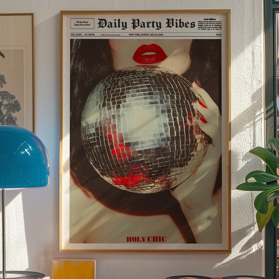 Daily Party Vibes Newspaper Disco Ball Retro Chic Photo Poster
