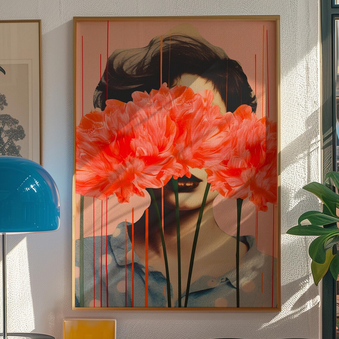 Retro 70s Floral Collage Woman Coral Peonies Dopamine Wall Art