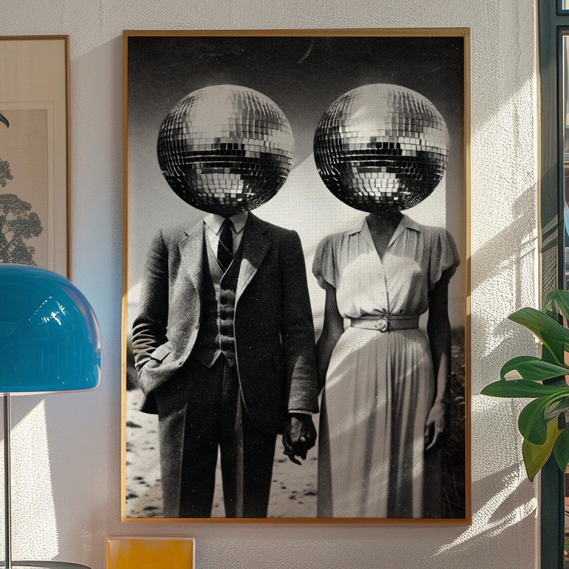 Disco Ball Headed Vintage Couple Surreal Black and White Art Poster