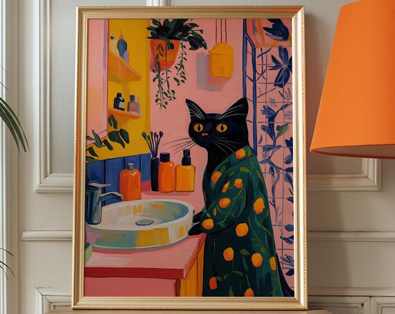 Black Cat Matisse-Inspired Art Print, Dopamine Decor