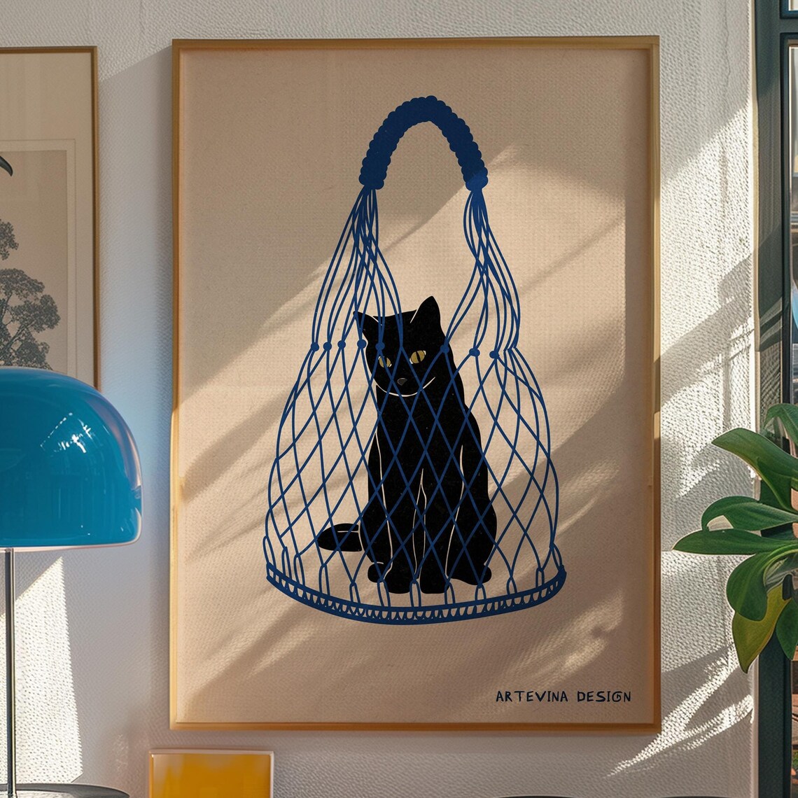 Black Cat in Blue Macrame Bag Minimalist Trendy Animal Art Print
