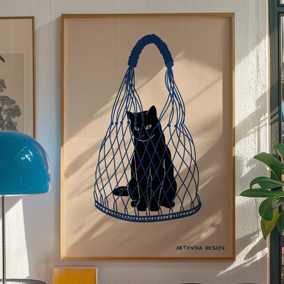 Black Cat in Blue Macrame Bag Minimalist Trendy Animal Art Print
