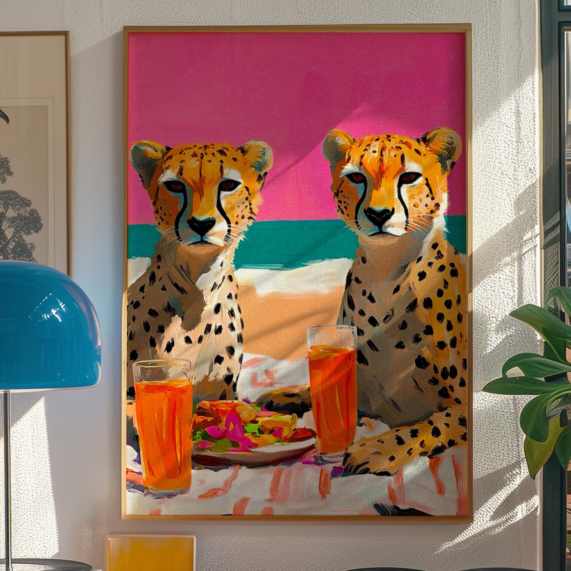 Cheetah Picnic Art Print Kitsch Animal Poster Trendy Wall Decor