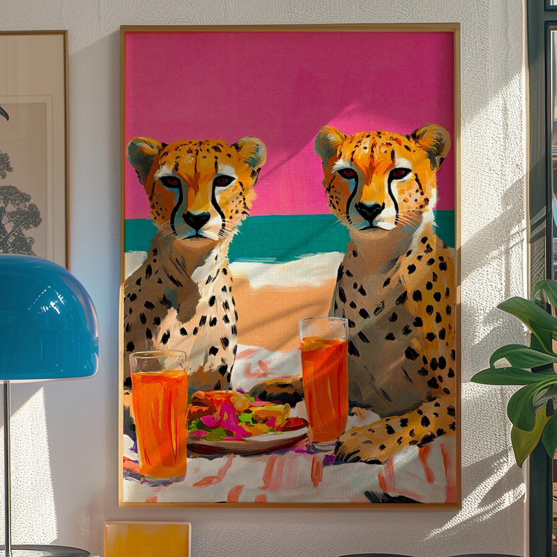 Two Cheetahs Beach Picnic Pink Sunset Funny Animal Art Poster