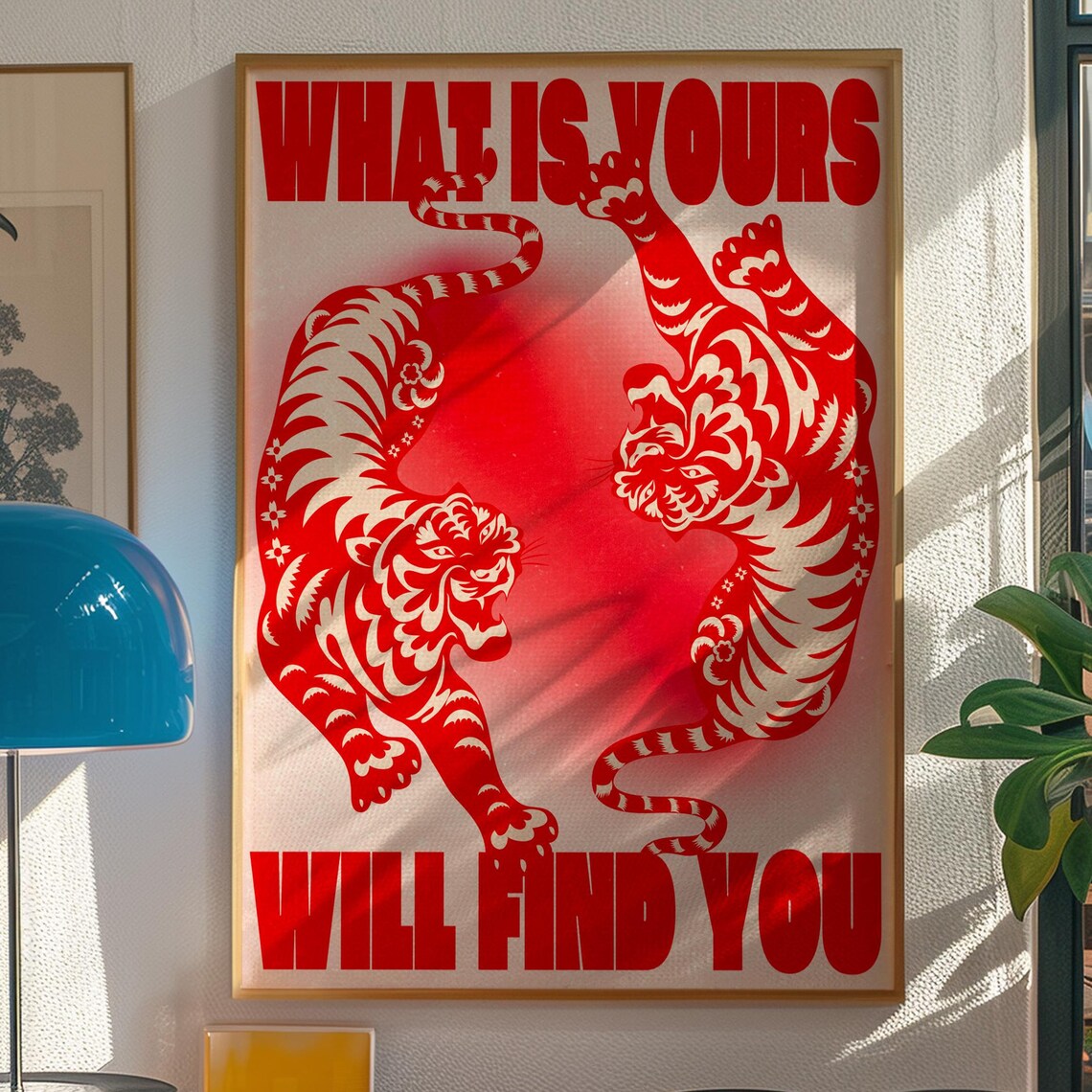 Red Tiger 70s Style Art Print, Psychedelic Retro