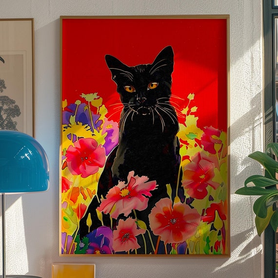 Black Cat Art Print Matisse Style Floral Kitsch Decor