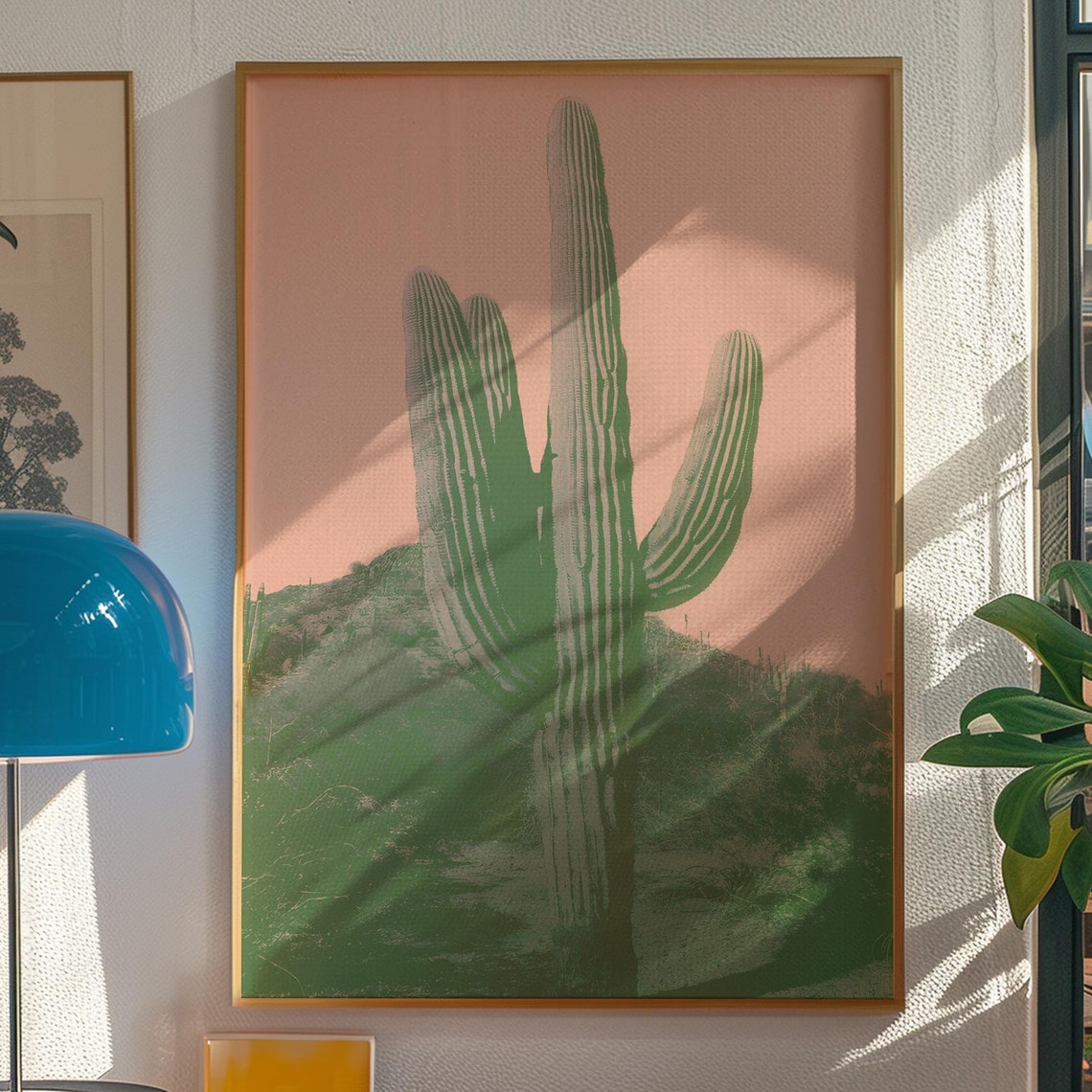 Saguaro Cactus Desert Sunset Trippy Dopamine Decor Retro Poster