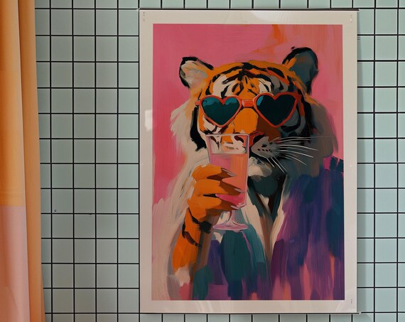 Tiger With Cocktail Art Print Kitsch Pop Decor