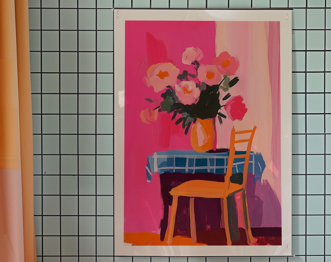 Pink Peonies in Orange Vase Modern Floral Still Life Poster Art