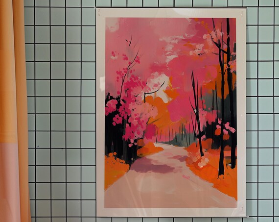 Pink and Orange Forest Path Bold Colorful Abstract Nature Wall Poster