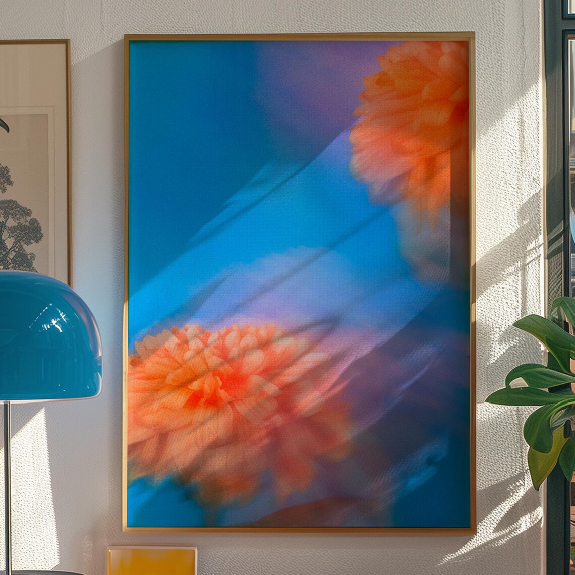 Orange Dahlia Blurred Flowers on Blue Dreamy Botanical Art Poster