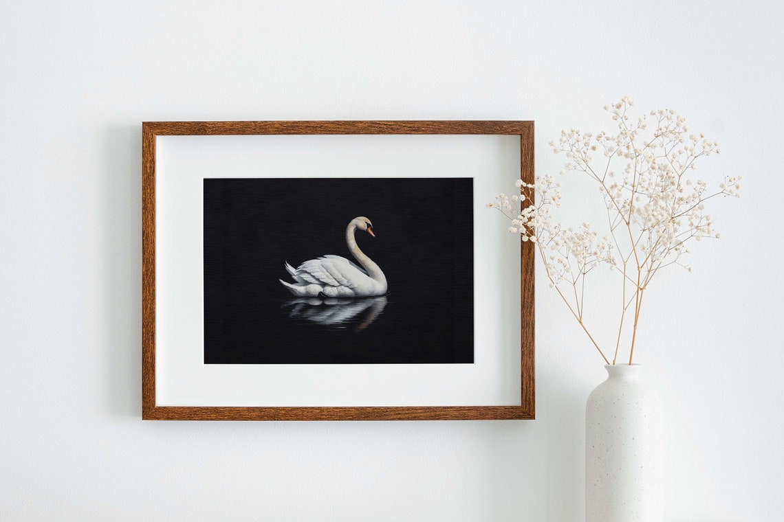 White Swan Black Water Reflection Elegant Bird Painting Poster - Image 2